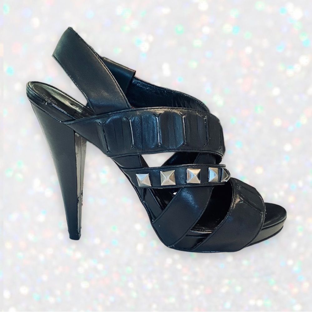BCBGeneration Ashlee Black Leather & Silver Studs Heeled Sandals